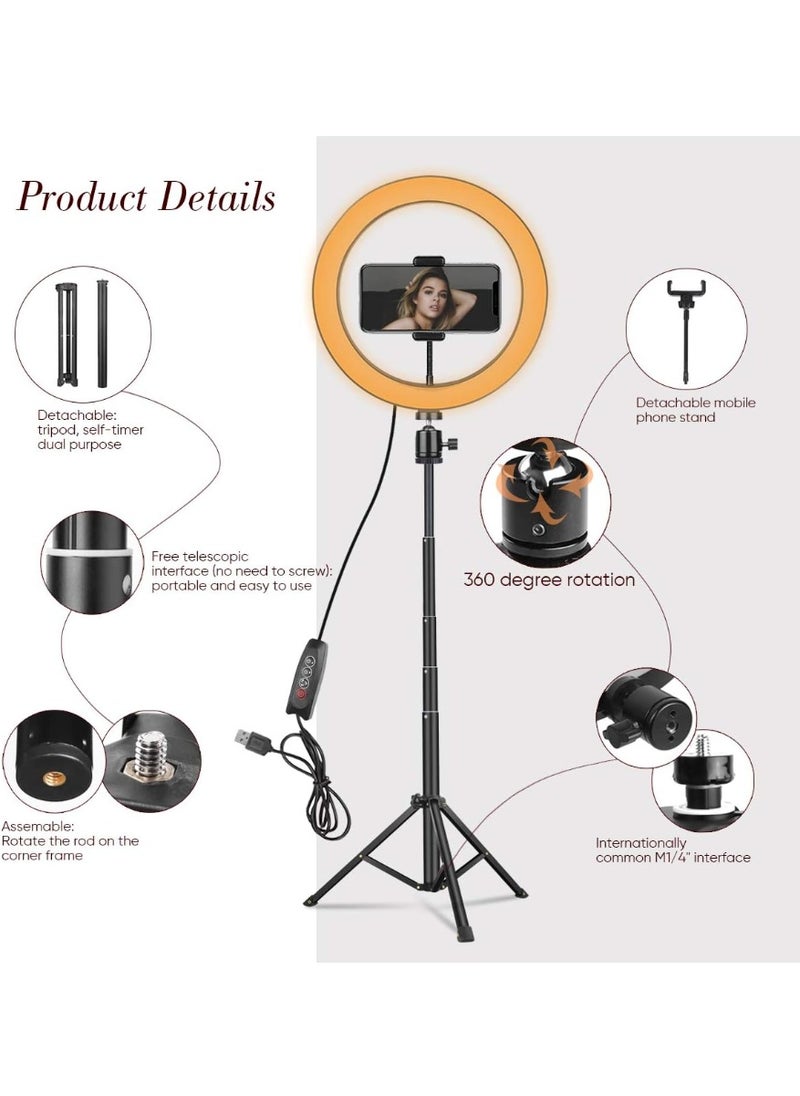 Adjustable Ring Light with Tripod Stand and Phone Holder – 3 Light Modes & 10 Brightness Levels for Selfies and YouTube Videos