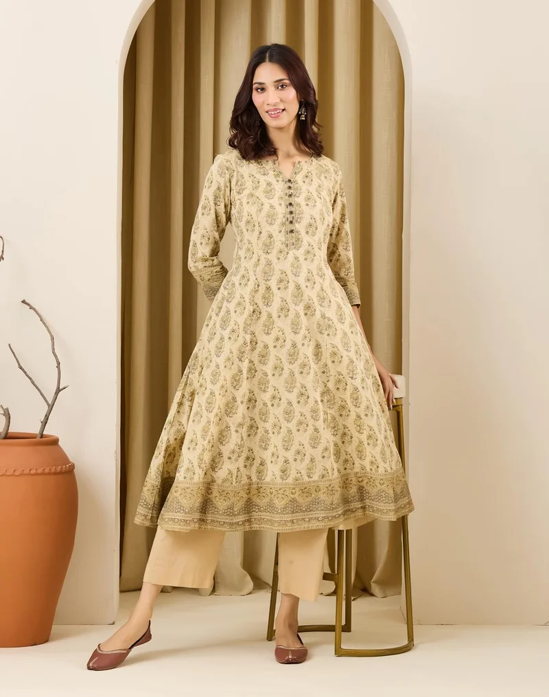 Beige Cotton Hand Block Printed Slim Fit Long Kurta