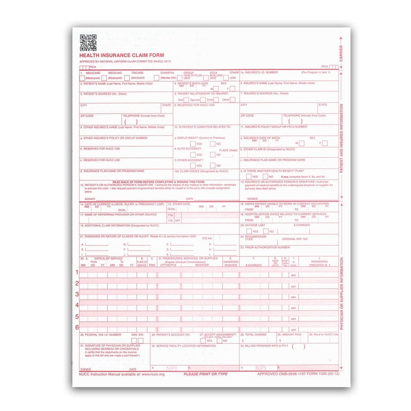 NextDayLabels - CMS 1500 / HCFA 1500 Insurance Claim Forms - Laser/Ink-Jet Compatible (New Version 02/12) Letter Size 8-12" x 11", 500 Sheets Per Pack - Image 1