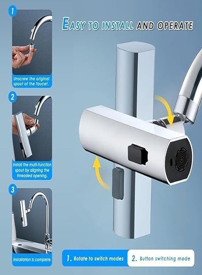 MSA Kitchen Faucet with 360° Swivel Spout and Double Handles, Stainless Steel 4 Modes Splash-Proof Kitchen Bathroom Faucet Extender Multi Function Sink Waterfall Tap for Washing Vegetable Fruit - Image 5