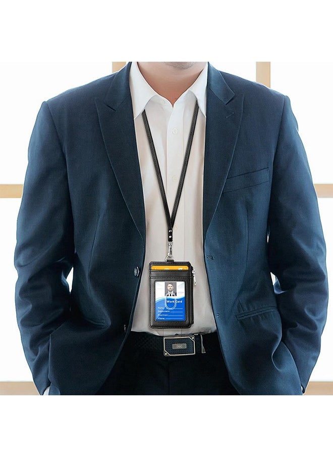 Ocean Badge Holder with Zipper, PU Leather ID Badge Card Holder Wallet with 5 Card Slots, 1 Side RFID Blocking Pocket and 20 inch Neck Lanyard Strap for Offices ID, School ID, Driver Licence (Black)  - Image 3