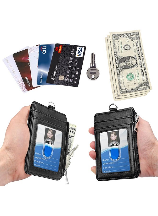 Ocean Badge Holder with Zipper, PU Leather ID Badge Card Holder Wallet with 5 Card Slots, 1 Side RFID Blocking Pocket and 20 inch Neck Lanyard Strap for Offices ID, School ID, Driver Licence (Black)  - Image 2