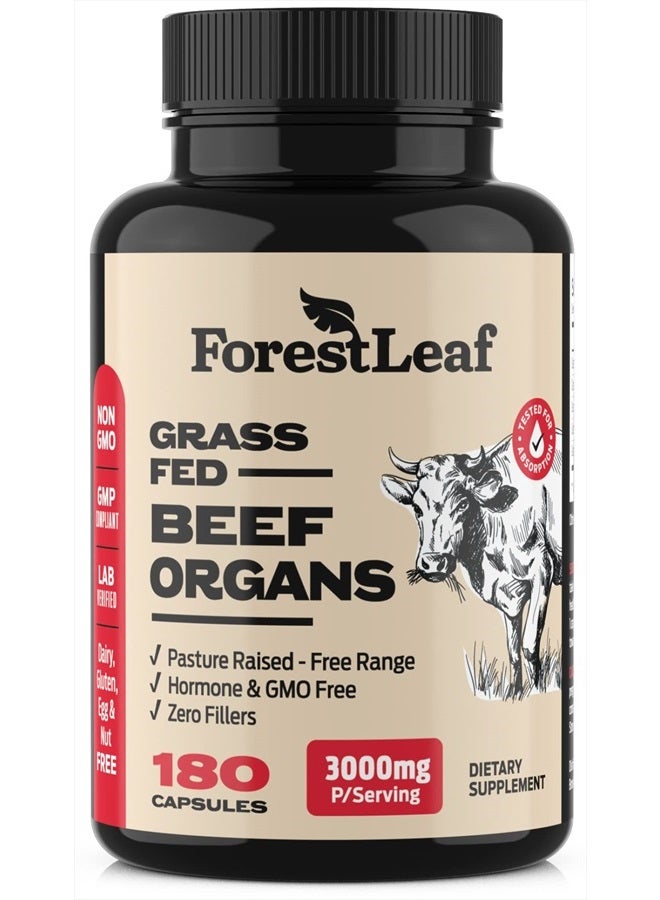 ForestLeaf Beef Organ Supplement - Grass Fed & Pasture Raised - Total Body Wellness & Performance, Organ Complex with 3000mg of Desiccated Beef Liver, Heart, Kidney, Pancreas, Spleen (180 Capsules) - Image 1