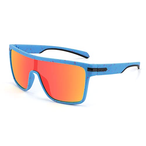 Karsaer Flat Top TR90 Polarized Sports Men Sunglasses Vintage Square Cycling Running Fishing Golf Hiking Sports Glasses B7034 (Blue & Red Dots/Mirrored Red_55) - Image 1