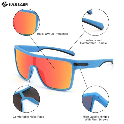 Karsaer Flat Top TR90 Polarized Sports Men Sunglasses Vintage Square Cycling Running Fishing Golf Hiking Sports Glasses B7034 (Blue & Red Dots/Mirrored Red_55) - Image 5