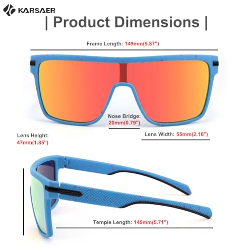 Karsaer Flat Top TR90 Polarized Sports Men Sunglasses Vintage Square Cycling Running Fishing Golf Hiking Sports Glasses B7034 (Blue & Red Dots/Mirrored Red_55) - Image 3
