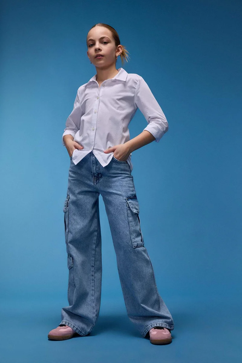 ديفاكتو Girl Cargo Wide Leg Cotton Jeans