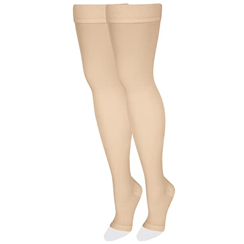 NuVein جوارب ضغط طبية NuVein، 20-30 مم زئبقي دعم، للنساء والرجال بطول الفخذ، مفتوحة الأصابع، بيج فاتح، صغير - Image 1
