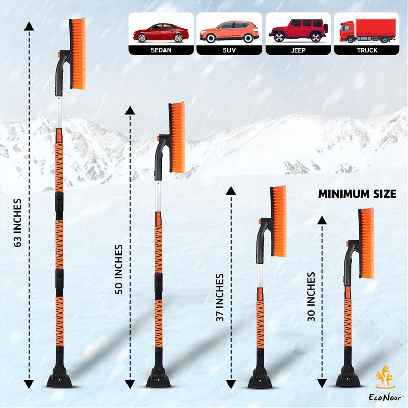 EcoNour 63" Extendable Snow Brush & Ice Scraper with 360Â° Pivoting Head | Telescopic Aluminum Handle | Extra Long Snow Brush for Car Windshield, Roof & SUVs | Heavy Duty Ice Scraper for Trucks - Image 2