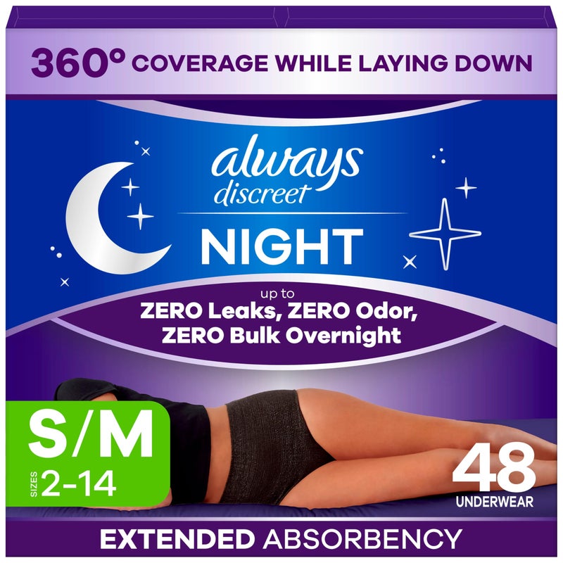 Always Discreet Night, Reimagined Adult Diapers for Women, Extended Overnight Absorbency Incontinence and Postpartum Underwear Size S/M, 360 Degree Coverage While Laying Down, 48 Countâ€‹ - Image 1