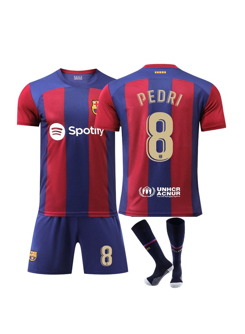 عام 23-24 برشلونة قميص كرة القدم الرئيسي Pedri #8 مجموعة هدية تشمل القميص والشورت والجوارب بأحجام للأطفال والكبار، هدية لأصدقاء المشجعين - Image 1