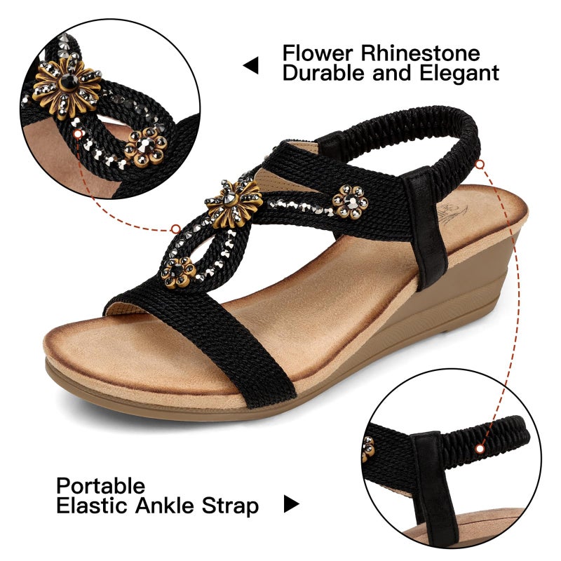 SHIBEVER Black Wedge Sandals for Women Dressy Summer Size 7 Comfortable Rhinestone Sandals Open Toe Ankle Strap Dress Shoes Low Heel 7 - Image 4