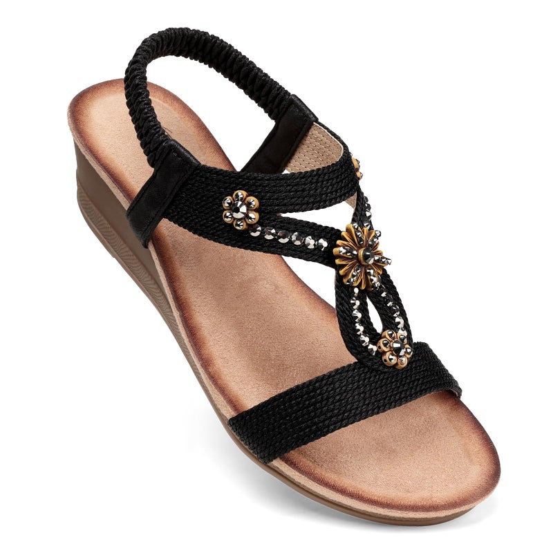 SHIBEVER Black Wedge Sandals for Women Dressy Summer Size 7 Comfortable Rhinestone Sandals Open Toe Ankle Strap Dress Shoes Low Heel 7 - Image 1