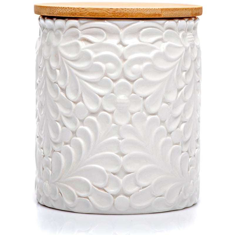 25DOL Small Engraved Ceramic Kitchen Canister - Storage Jars with Airtight Lids Made from Bamboo with Nature-Inspired Engraving - Use as a Pasta Holder, Coffee Ground Holder, Rice Container - 30 Ounces - Image 1