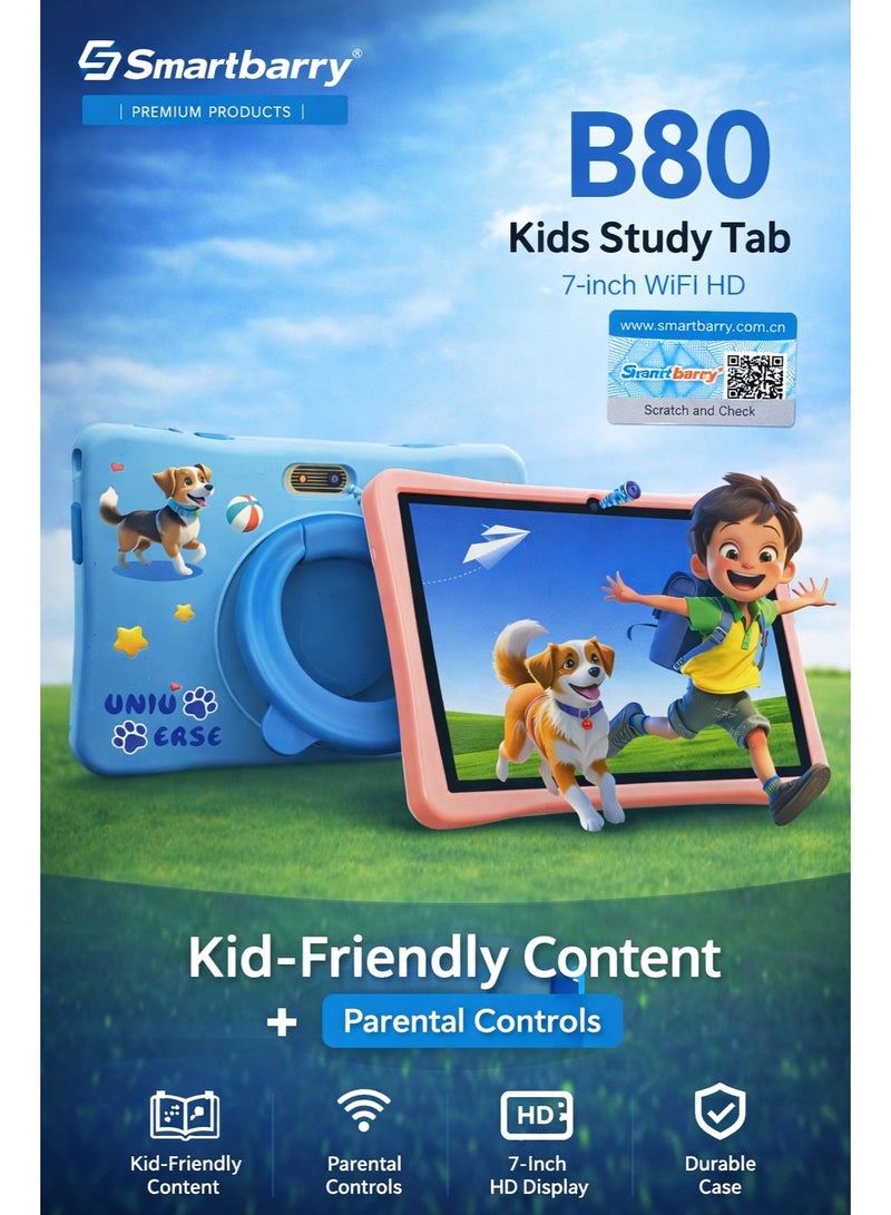 Smartbarry B80 Kids Tablet 7-Inch HD |Tablet-Android 15.0, 3200mAh Battery with Protective Cover, 4GB+128GB Memory | WiFi, Dual Camera, Parental Control, Durable Shockproof Case | Educational Kids Study Tab I Pink Color - Image 1