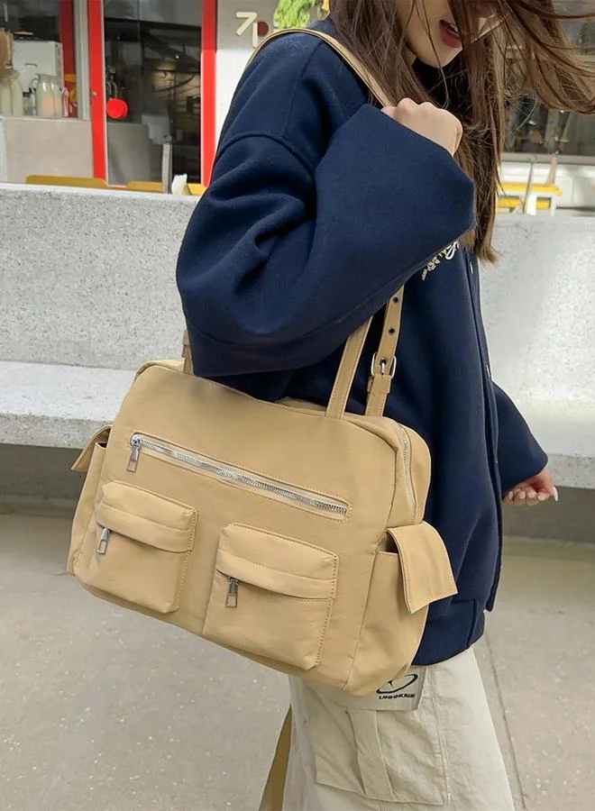 Take Two Beige Zip Pocket Double Strap Shoulder Bag