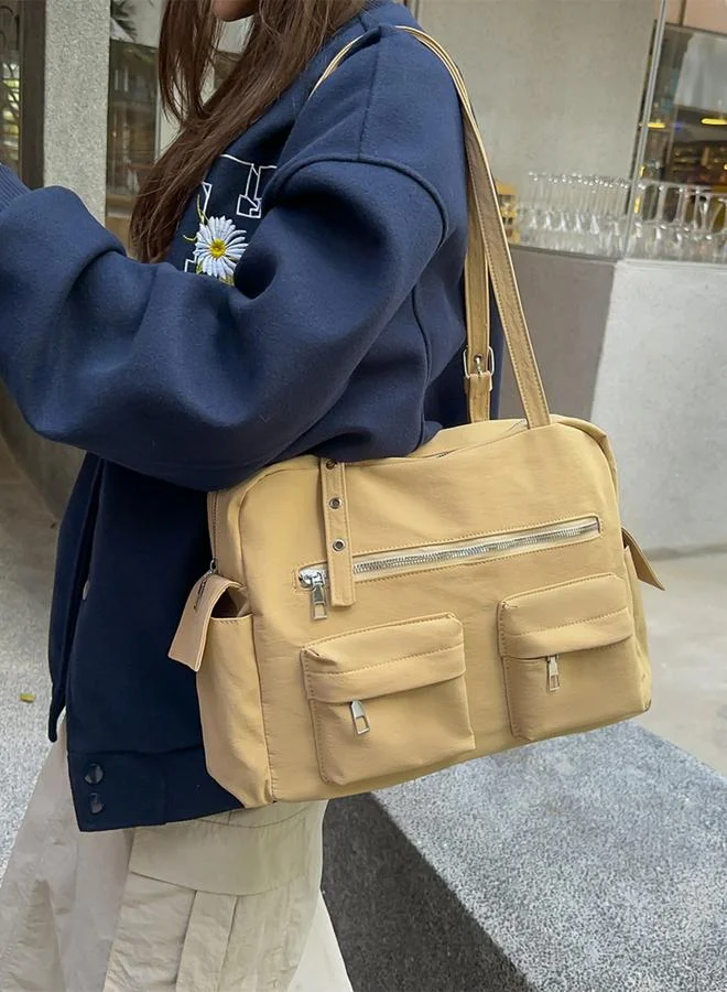 Take Two Beige Zip Pocket Double Strap Shoulder Bag