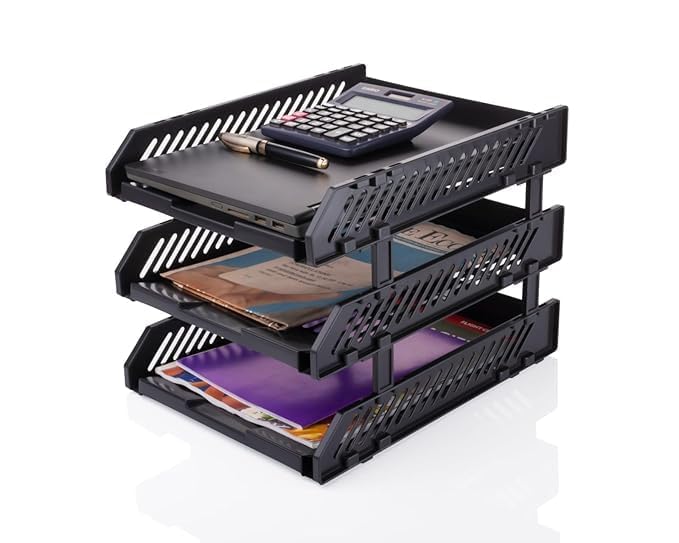 Copelle File Tray Rack ABS Plastics | Foldable Office Desk Accessories | Durable & Sturdy | Easy Assembly | Efficient Organizer | Plastic Office Stationery Files Layer Rack -3LAYER (Black) - Image 2