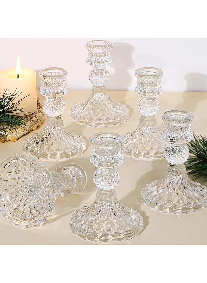 The Bros Glass Candle Holder Set of 6, Clear Candle Holders, Tapered Candle Holders for Weddings, Holidays, Parties and Festive Decorations - Image 1