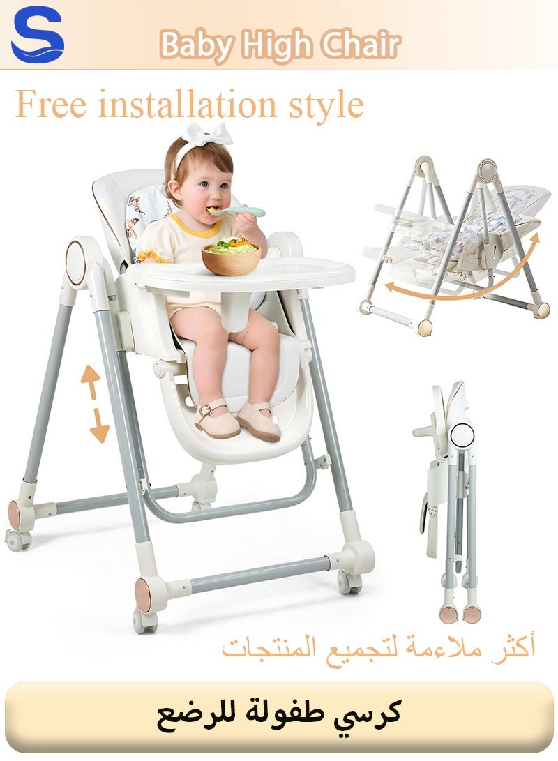 Serinovia No-Assembly 3 In 1 Baby Feeding High Chair with Wheels, Tray, Adjustable Height, Multi-Functional Rocker Recliner Feeding Chair for Newborn Infant to Toddler (0-4 Years), Learning Sitting Chair - Image 1