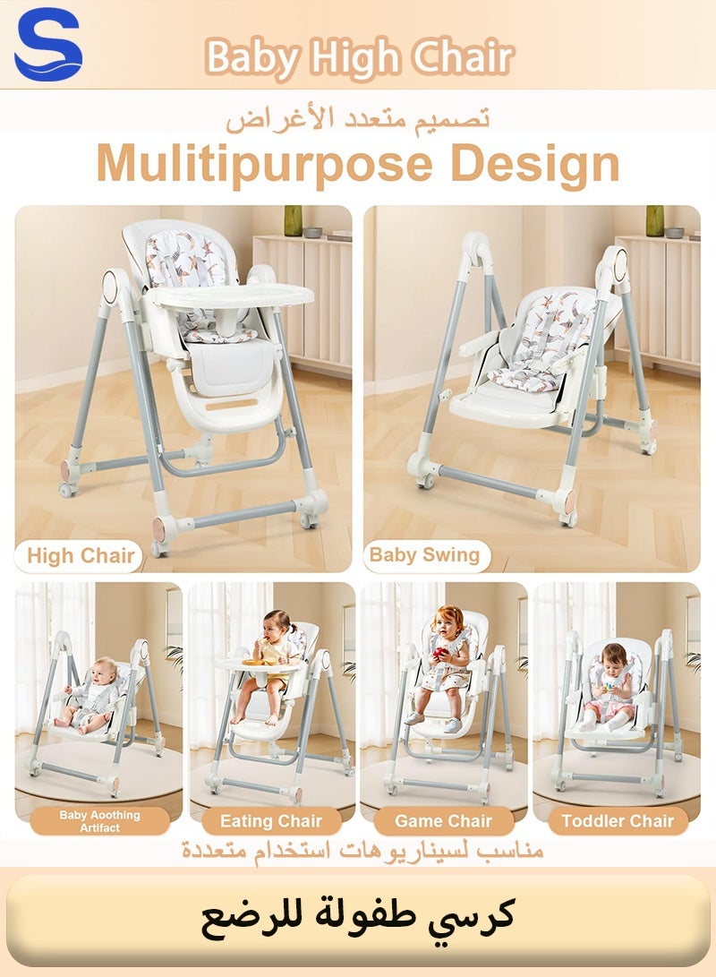 Serinovia No-Assembly 3 In 1 Baby Feeding High Chair with Wheels, Tray, Adjustable Height, Multi-Functional Rocker Recliner Feeding Chair for Newborn Infant to Toddler (0-4 Years), Learning Sitting Chair - Image 5