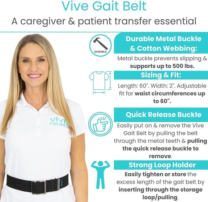 Vive Gait Belt 60 Inch  Transfer Assist Device for Caregiver Nurse Therapist Seniors Elderly Bariatric Occupational and Physical Therapy  Medical Nursing Safety  Walking  Standing Aid - Image 2