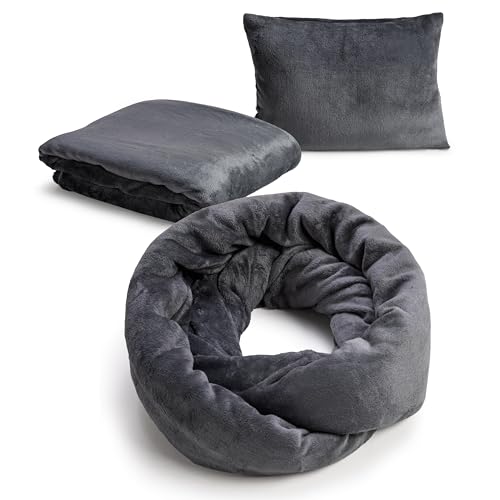NAPRO 3‑in‑1 Travel Blanket Pillow Scarf – Convertible 50×80″ Blanket, 12×16″ Pillow, 80″ Infinity Neck Pillow – Lightweight, Plush – Gray - Image 1
