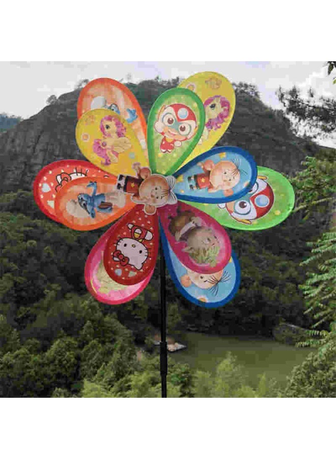 Double Layer Laser Sunflower Sequin Windmill Toy Flash Sunflower Colorful Cartoon Smiley Animal Wheel Outdoor-Color:Double Lotus Windmill ]  - Image 3