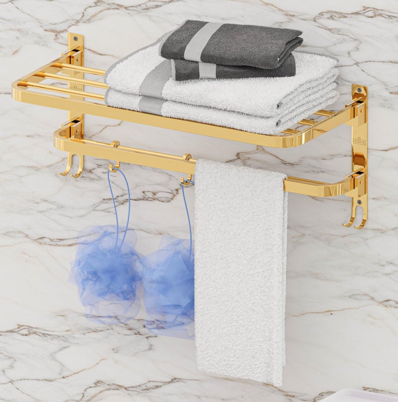 LUXIUR Towel Rack for Bathroom, Shelf for Wall with Towel Hooks, Towel Rack, Kitchen Accessories Items Wall Mounted for Heavy-Duty Elegance (Gold, 18 Inch) - Image 1