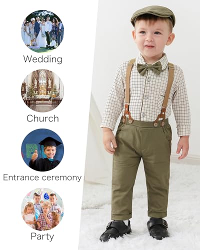 CARETOO Baby Boy Gentleman Outfit Baby Boy Clothes Dress ShirtBowtieSuspender Pants Set Green 1218months - Image 3