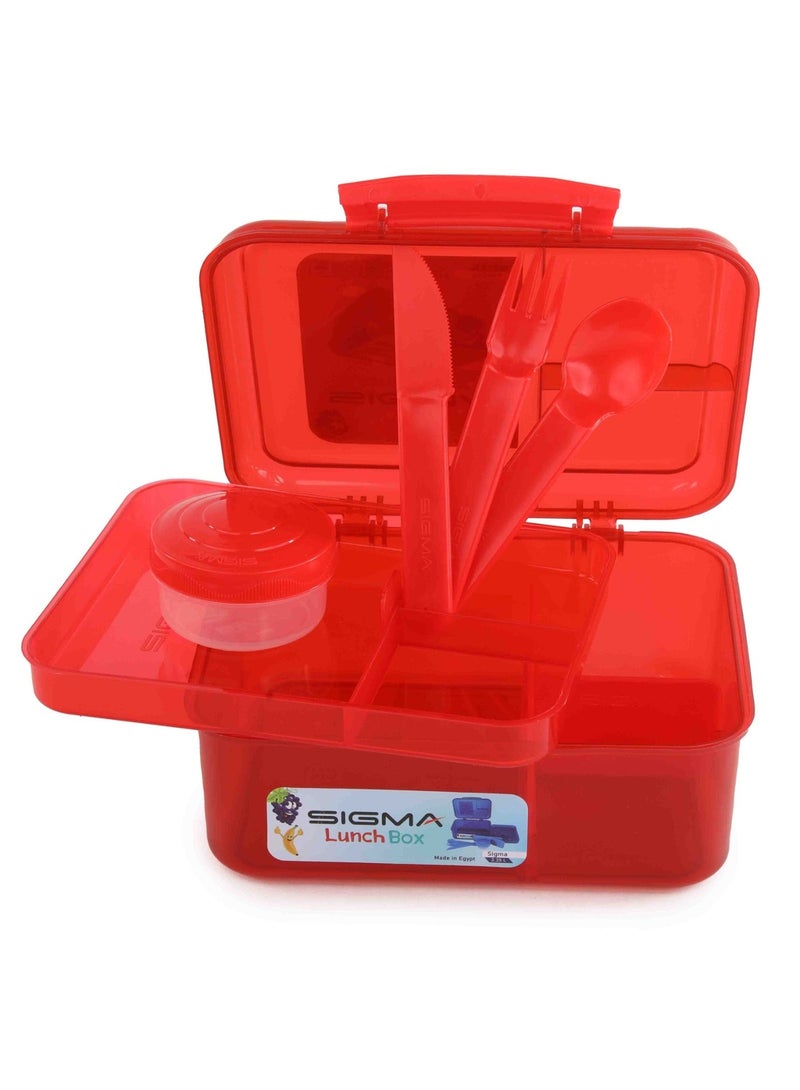 SIGMA STORE Sigma Lunch Box 2.25L, Dark Red, 2-Tier Design with Multiple Compartments, Movable Dividers, Spoon, Fork, Knife and Sauce Container - Image 5