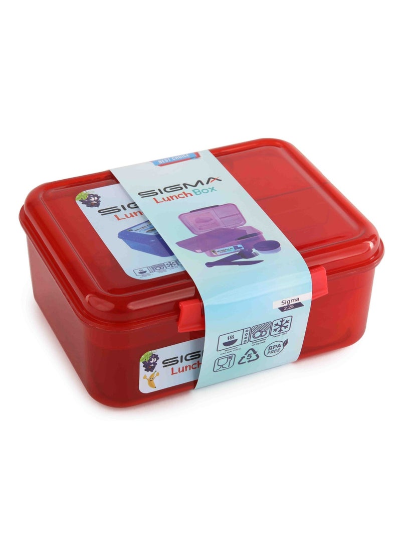 SIGMA STORE Sigma Lunch Box 2.25L, Dark Red, 2-Tier Design with Multiple Compartments, Movable Dividers, Spoon, Fork, Knife and Sauce Container - Image 3
