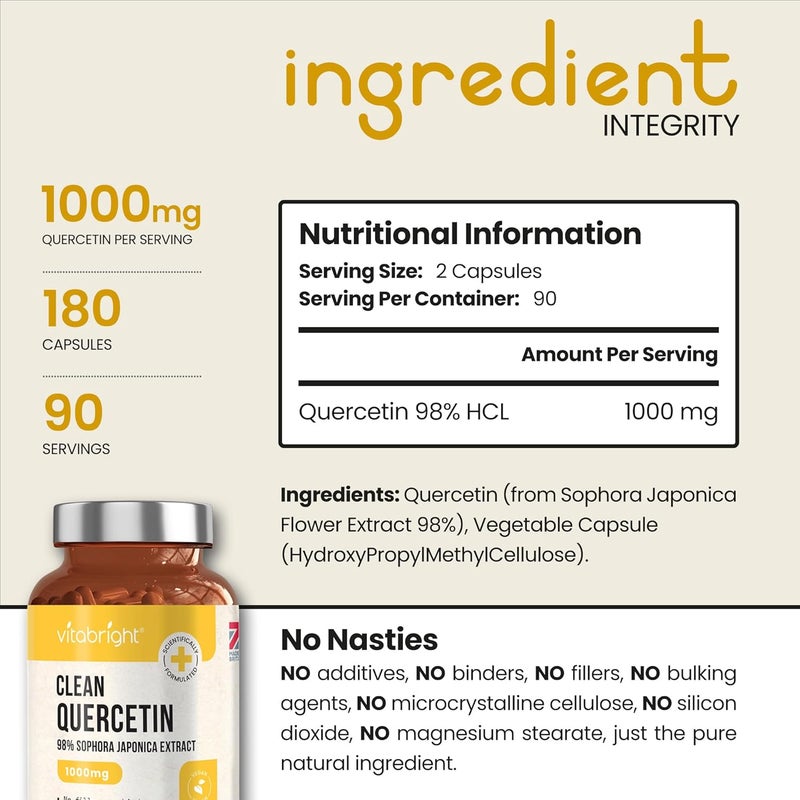 VitaBright Quercetin Supplement 1000mg | 180 Capsules - 2 Daily | 500mg Capsules - Take 2 Daily | Quercetin Powder Bio Flavonoids Supplements | Vegan | No Additives | Made in Britain - Image 2