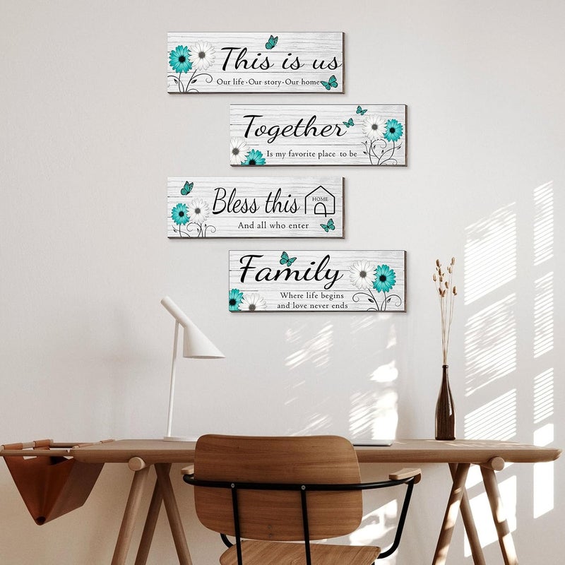 Joyhawk 4 Pcs White Farmhouse Wall Decor with Teal Butterflies & Daisies, Rustic Wooden Signs Set, Floral Wall Art for Living Room Bedroom, Housewarming Gift, 4.7" x 13.8" - Image 4