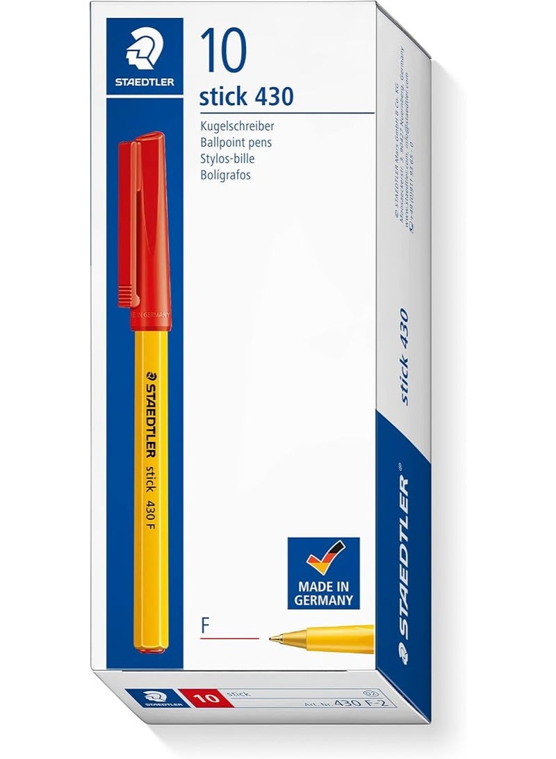 STAEDTLER Stick 430 F-2 Ballpoint Pen Fine Tip - Red (Box of 10) - Image 3