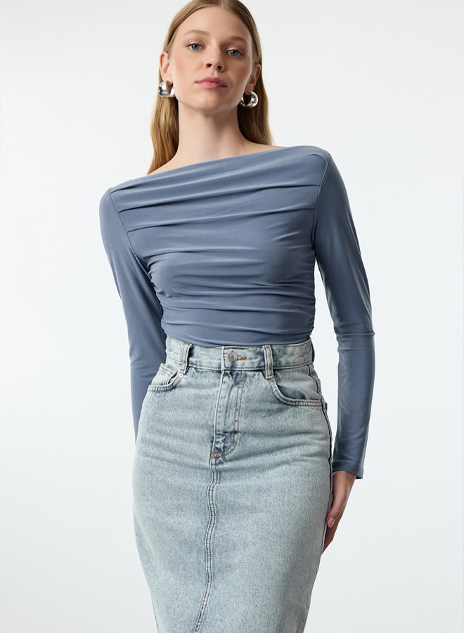 trendyol Indigo Boat Neck Draped Fitted Stretchy Knitted Blouse - Image 1