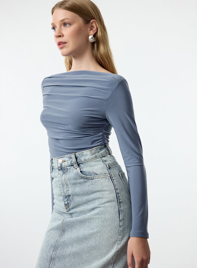 trendyol Indigo Boat Neck Draped Fitted Stretchy Knitted Blouse - Image 2