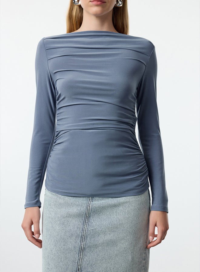 trendyol Indigo Boat Neck Draped Fitted Stretchy Knitted Blouse - Image 4
