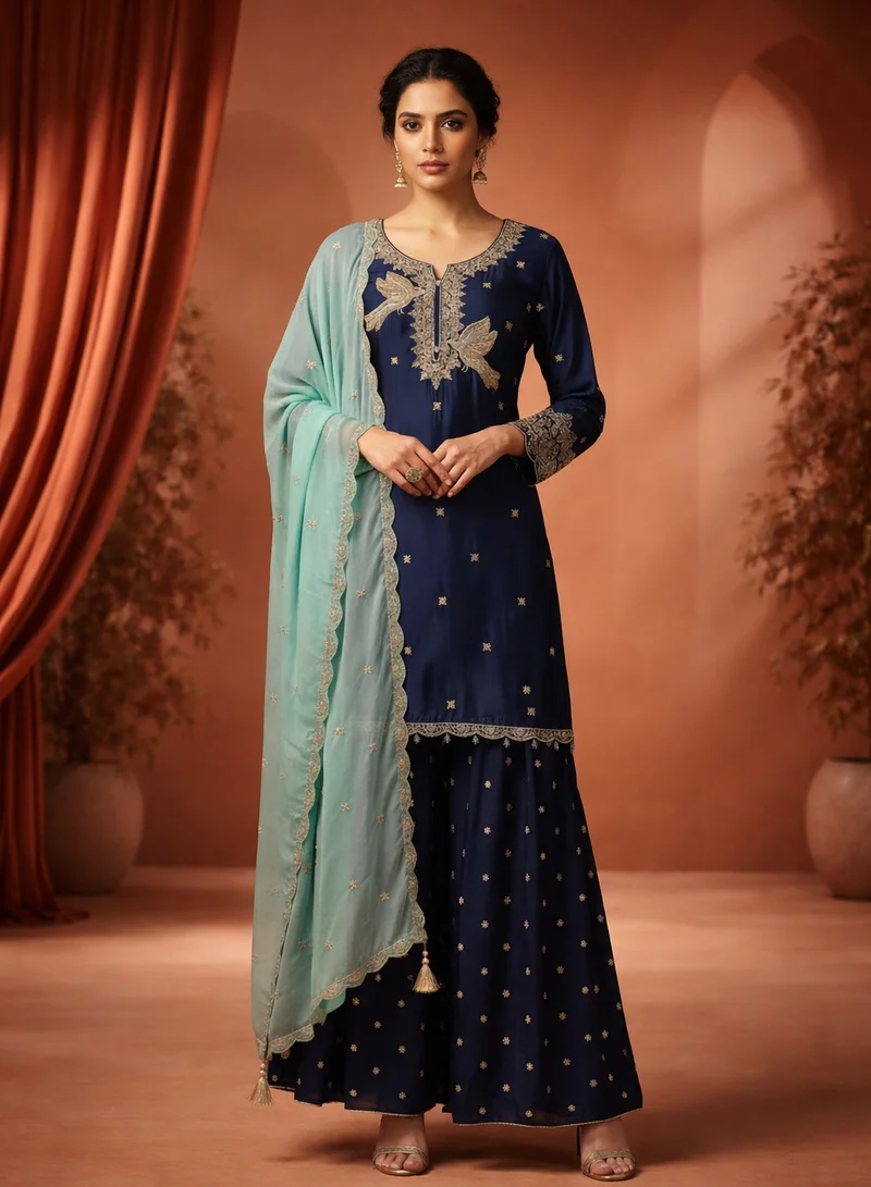 Lehar Midnight Blue Embroidered Sharara Set with Seafoam Dupatta