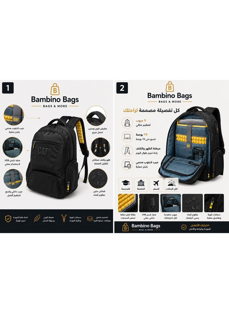 Backpack - 20 Inch – 7 Pockets, Laptop Compartment, Padded Back & Shoulder Straps, Water-Resistant Backpack for School, Travel & Daily Use - Unisex-Black - Image 3
