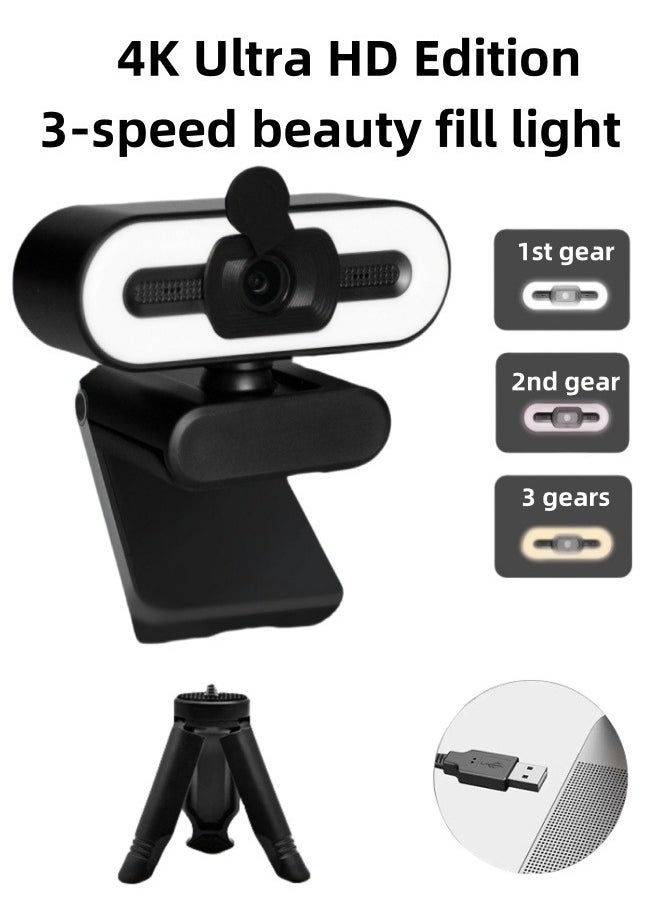 4K network camera, 8 million ultra high definition pixels, network camera with microphone and 3-speed beauty fill light, high-definition autofocus computer camera, with privacy cover and tripod streaming media network camera, plug and play USB Wbcam, suitable for PC laptop desktop remote work, video conferencing, online course live streaming, live streaming sales, video chat, live online gaming