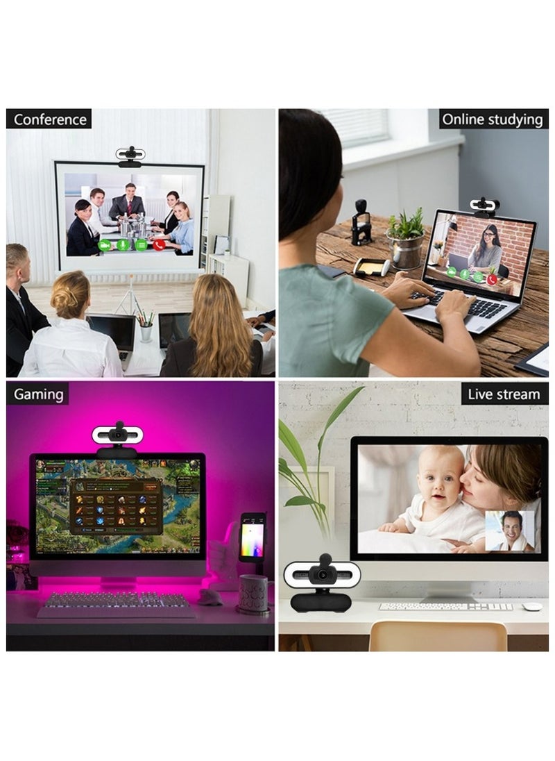 4K network camera, 8 million ultra high definition pixels, network camera with microphone and 3-speed beauty fill light, high-definition autofocus computer camera, with privacy cover and tripod streaming media network camera, plug and play USB Wbcam, suitable for PC laptop desktop remote work, video conferencing, online course live streaming, live streaming sales, video chat, live online gaming