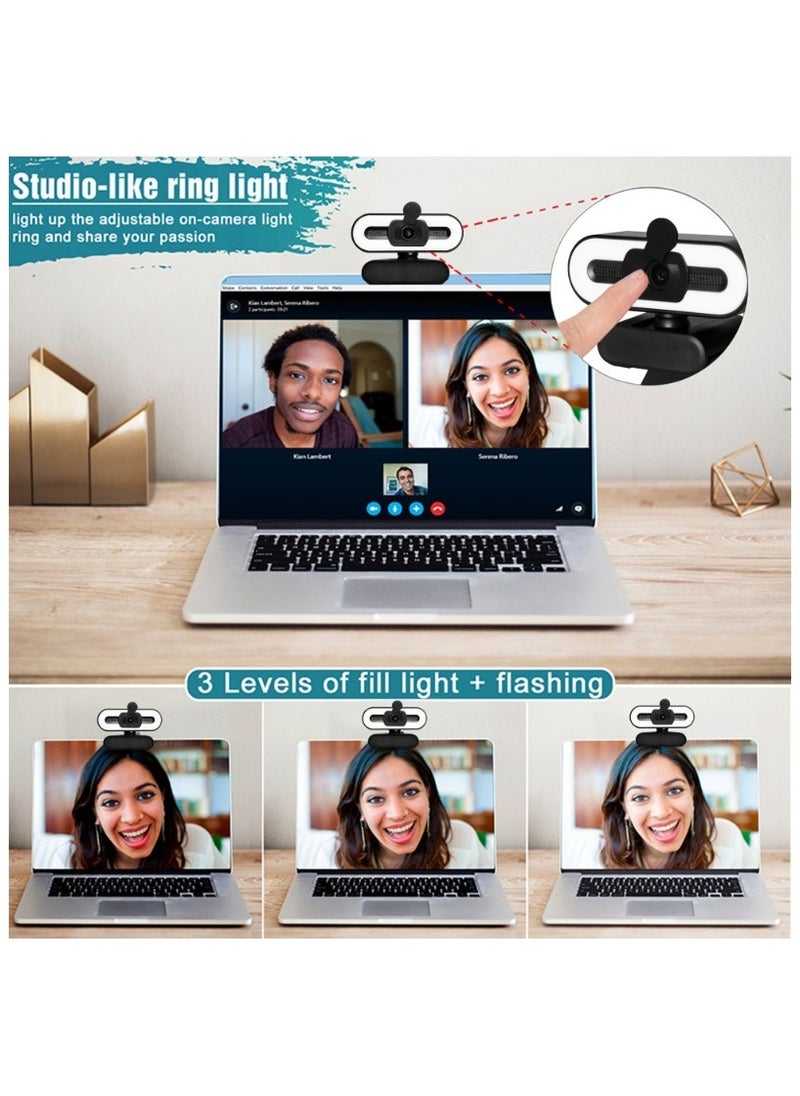 4K network camera, 8 million ultra high definition pixels, network camera with microphone and 3-speed beauty fill light, high-definition autofocus computer camera, with privacy cover and tripod streaming media network camera, plug and play USB Wbcam, suitable for PC laptop desktop remote work, video conferencing, online course live streaming, live streaming sales, video chat, live online gaming