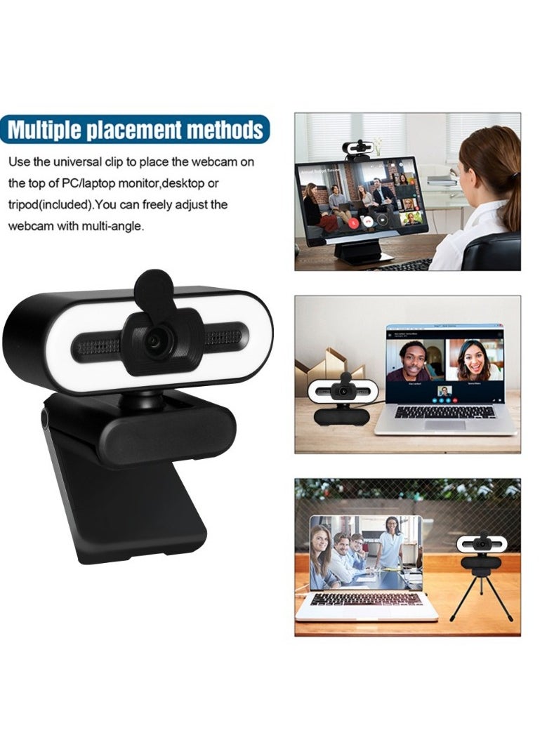 4K network camera, 8 million ultra high definition pixels, network camera with microphone and 3-speed beauty fill light, high-definition autofocus computer camera, with privacy cover and tripod streaming media network camera, plug and play USB Wbcam, suitable for PC laptop desktop remote work, video conferencing, online course live streaming, live streaming sales, video chat, live online gaming