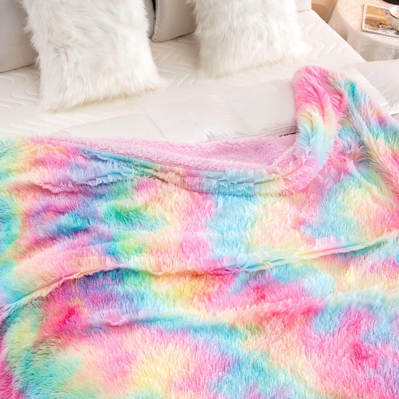 DANGTOP Fuzzy Faux Fur Throw Blanket, Tie Dye Fluffy Blanket, Super Soft Rainbow Blanket for Girls, Luxury Cozy Warm Plush Thick Sherpa Throws for Bed Couch Living Room (Rainbow, 59x79 inches) - Image 5