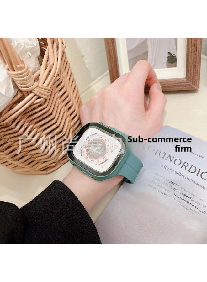 Loquat For Apple Watch Strap 7/8/ultra For Apple Magnetic Folding Buckle Silicone Strap Free Adjustment Suit-Color:Pine Needle Green-Dimensions:49mm - Image 1