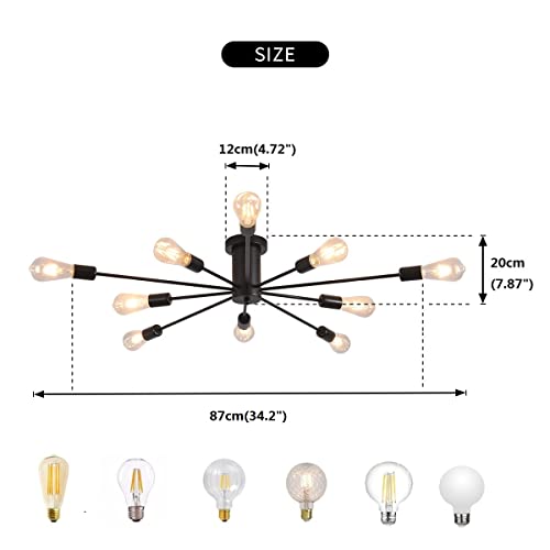 Garwarm Semi Flush Mount Ceiling Light, 10-Light Modern Black Sputnik Chandelier Industrial Ceiling Lamp for Kitchen Dining Room Living Room Bedroom Foyer Lighting Fixture - Image 2