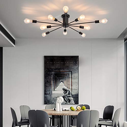 Garwarm Semi Flush Mount Ceiling Light, 10-Light Modern Black Sputnik Chandelier Industrial Ceiling Lamp for Kitchen Dining Room Living Room Bedroom Foyer Lighting Fixture - Image 5