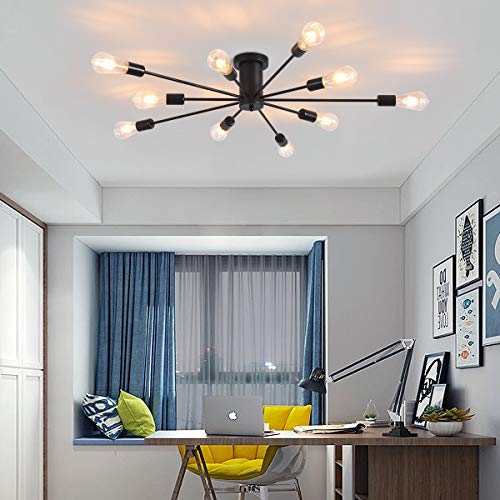 Garwarm Semi Flush Mount Ceiling Light, 10-Light Modern Black Sputnik Chandelier Industrial Ceiling Lamp for Kitchen Dining Room Living Room Bedroom Foyer Lighting Fixture - Image 3
