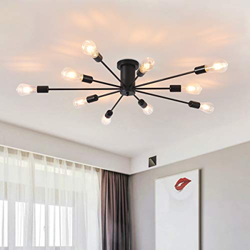 Garwarm Semi Flush Mount Ceiling Light, 10-Light Modern Black Sputnik Chandelier Industrial Ceiling Lamp for Kitchen Dining Room Living Room Bedroom Foyer Lighting Fixture - Image 1